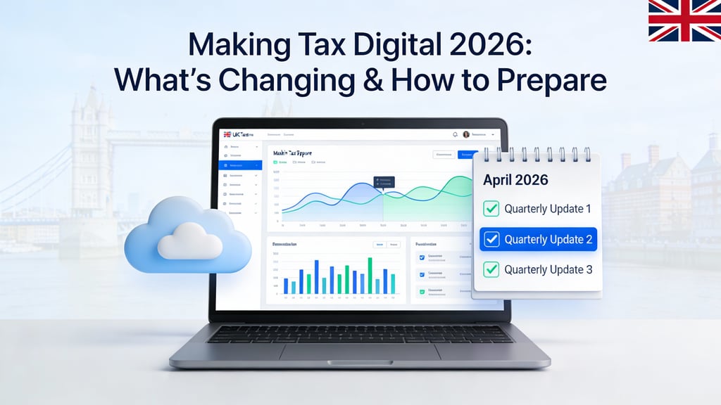 Making Tax Digital 2026 UK dashboard on laptop with April 2026 tax deadline calendar for sole trader