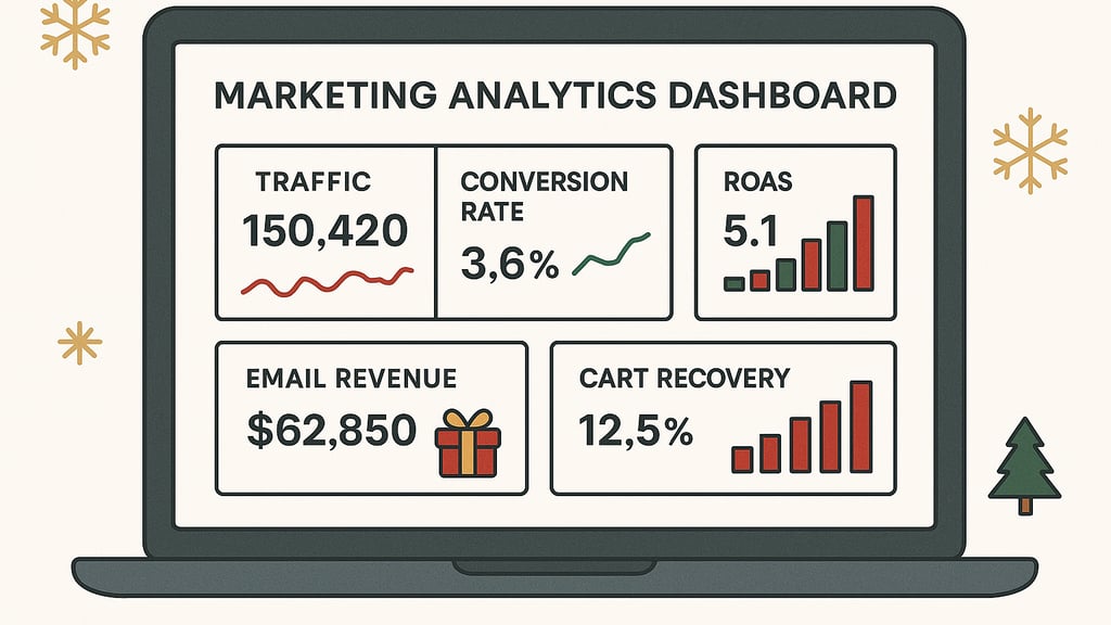 Analytics dashboard tracking Christmas marketing KPIs like traffic, conversion rate and ROAS