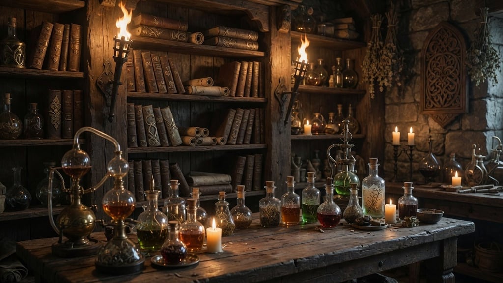 Medieval alchemist laboratory with potion bottles, old books, and lit torches on a rustic wooden table.