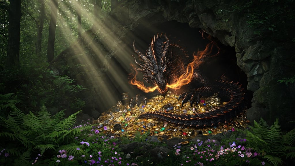A fierce black dragon guarding a massive gold treasure pile inside a dark cave with sunlight rays.