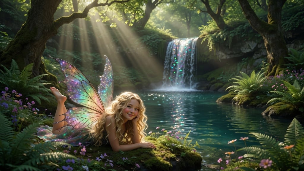 A blonde magical fairy with iridescent wings relaxing by a mystical forest waterfall with sunbeams.