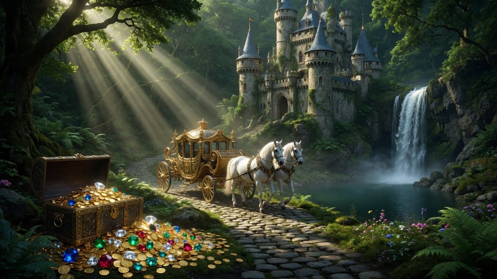 A golden horse-drawn carriage sits near a treasure chest of jewels and a fairy tale castle with a waterfall.