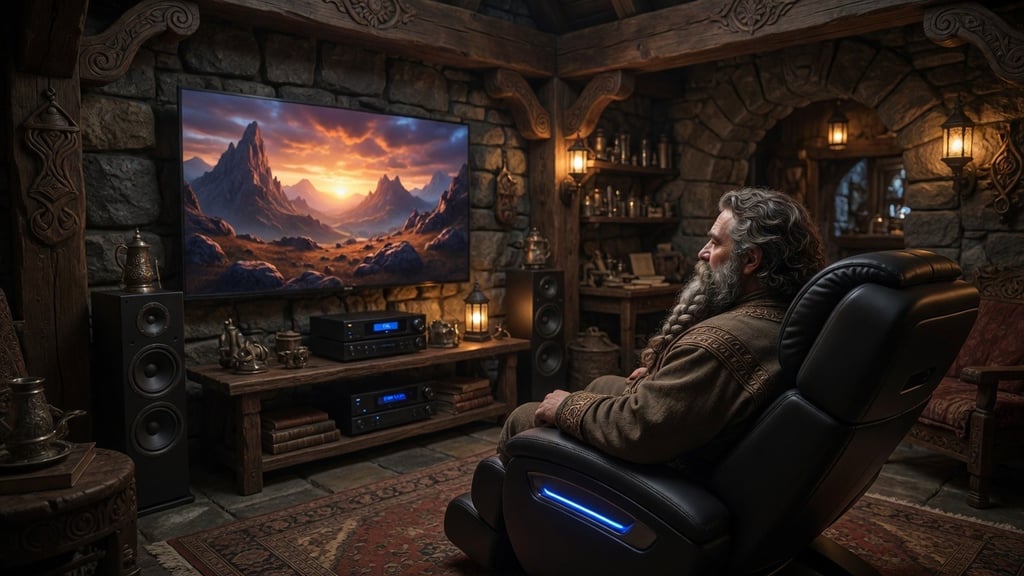 A dwarf in a rustic stone den watching a mountain sunset on a large smart TV from a modern recliner.