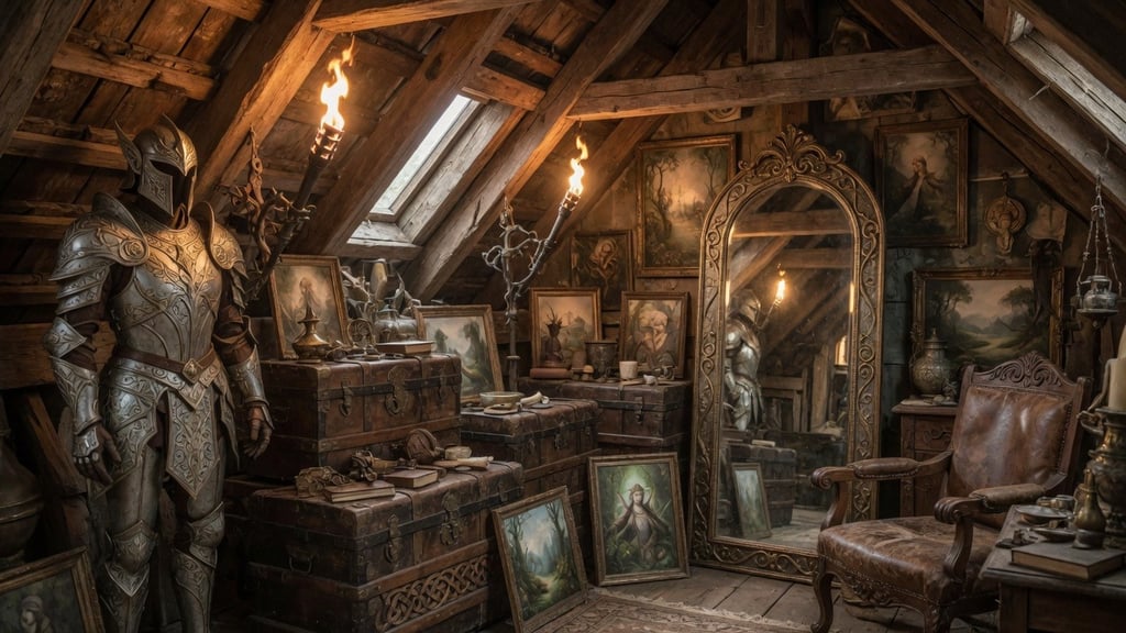 Medieval fantasy attic room with knight armor, vintage trunks, and oil paintings lit by torches.
