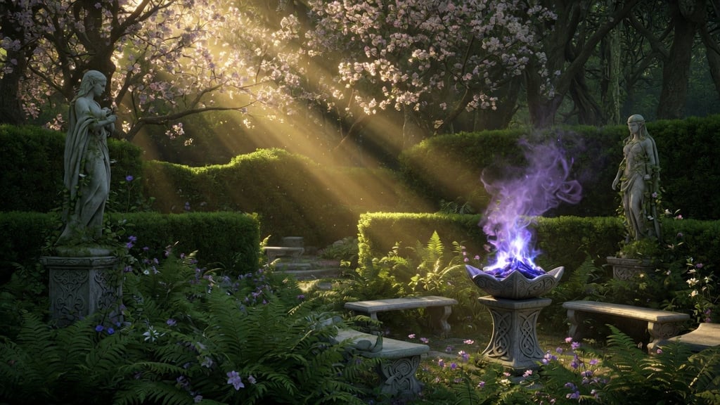 Magical garden with glowing purple fire, stone statues, and sunbeams hitting flowering trees and stone benches.
