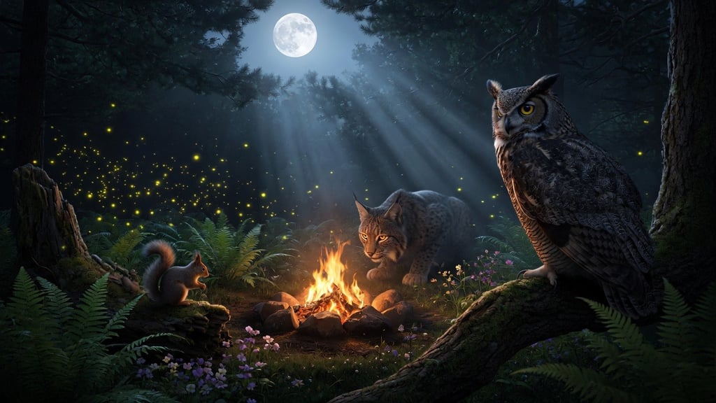 An owl, bobcat, and squirrel gather around a campfire in a moonlit forest with fireflies.