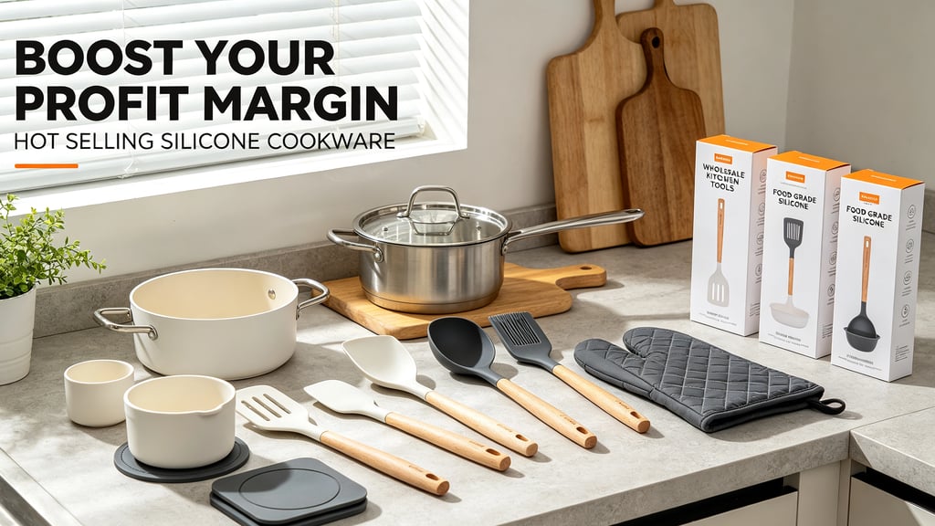 Wholesale food grade silicone cookware and kitchen tools with wooden handles on a countertop.