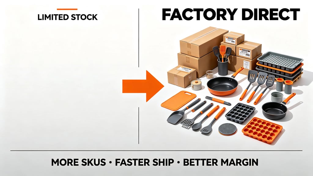 Factory direct kitchenware and cookware sets with shipping boxes showing high SKU availability.