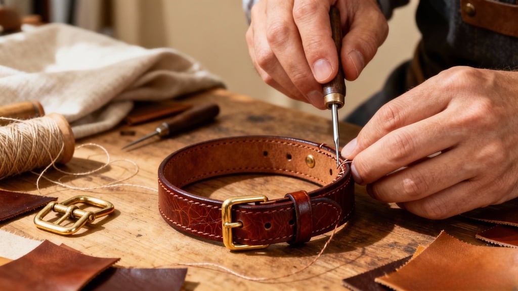 Artisan hand-stitching a luxury cat collar from Italian leather with brass hardware i