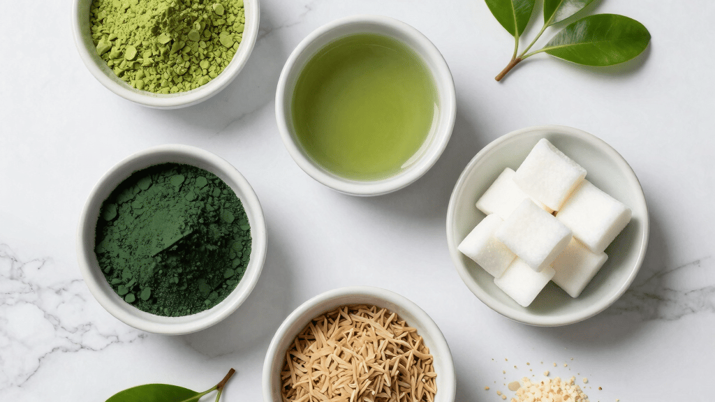 Matcha Suri natural ingredients showing what to take to curb appetite and lose belly fat