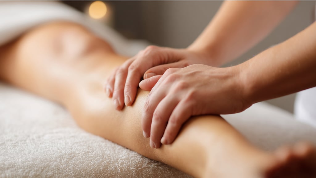 Professional therapist hands performing a therapeutic leg massage for muscle recovery at a spa.