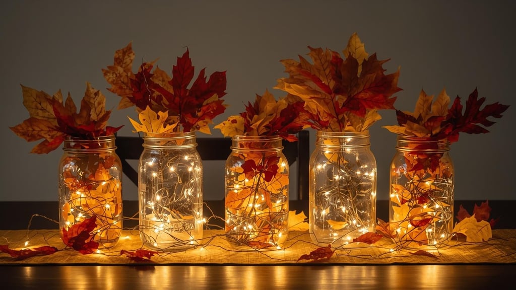 a group of mason jars with lights and leaves