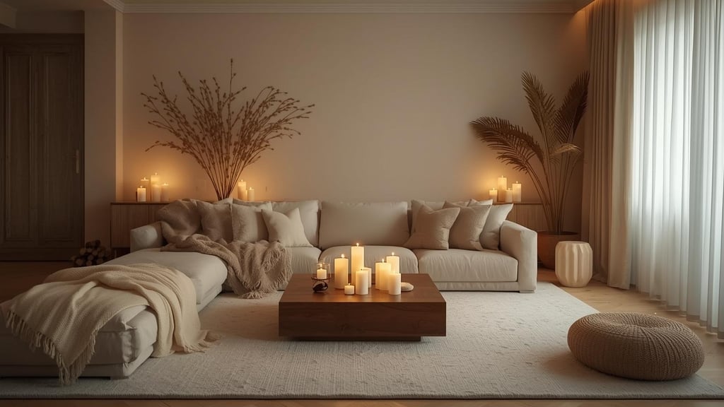 Minimal, cozy living room with candles and warm ambiance.