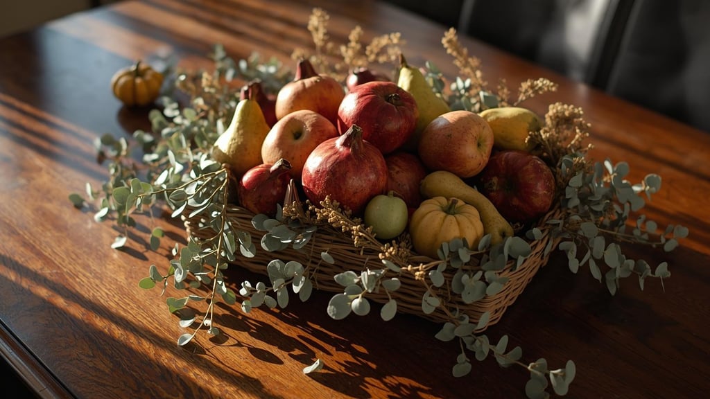 woven basket with apples, pears, pomegranates, little pumpkins, and eucalyptus or olives