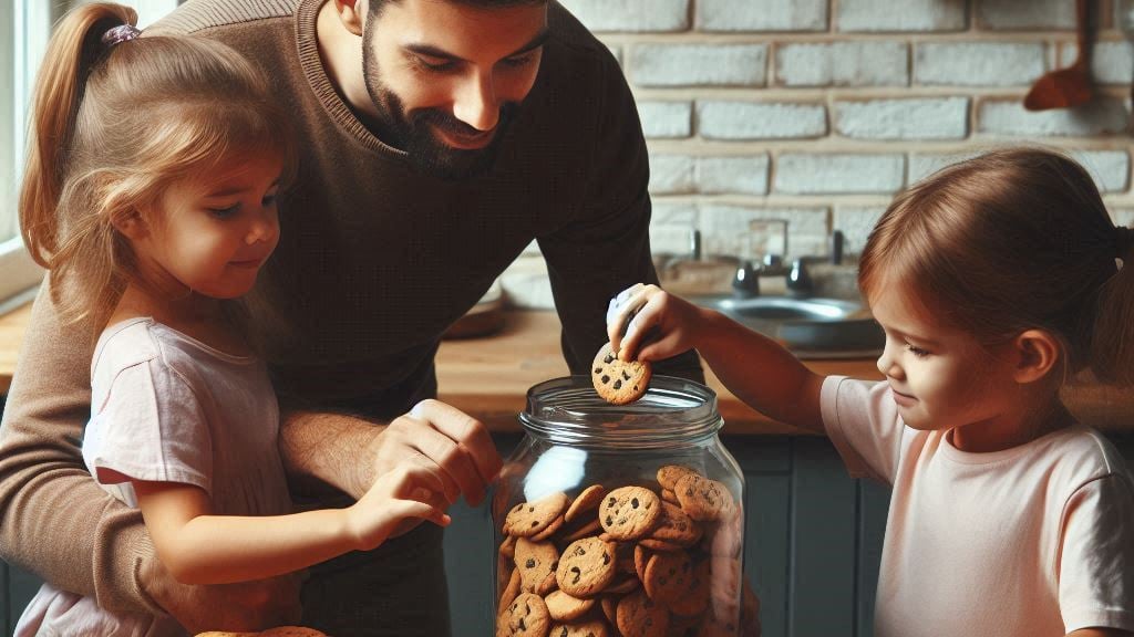 A cookie jar with children taking out a cookie.