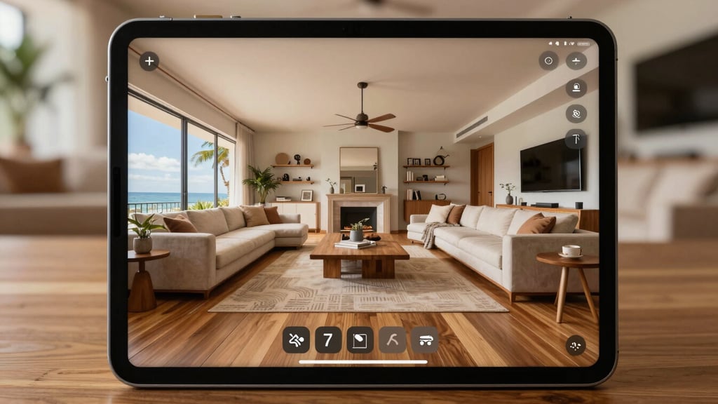 Interface de tour virtual 360 graus simulada dentro de uma tela de iPad Pro, exibindo a sala de estar de conceito aberto da Villa Vista Mar com ícones interativos de navegação sobrepostos no piso de madeira.