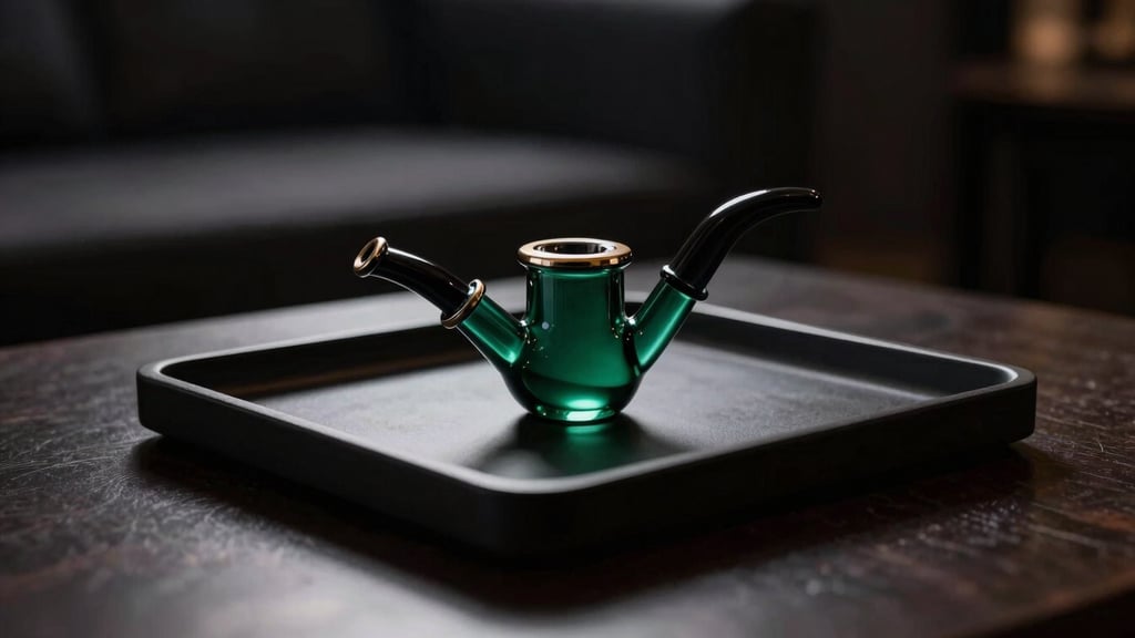 Luxury glass smoking pipe and elegant minimalist tray, dark moody lounge setting, soft backlighting, rich shadows