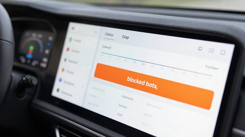 Crisp high-contrast dashboard UI mockup showing real-time traffic filtering, clean analytics lines, and a safety orange banner highlighting blocked bots.