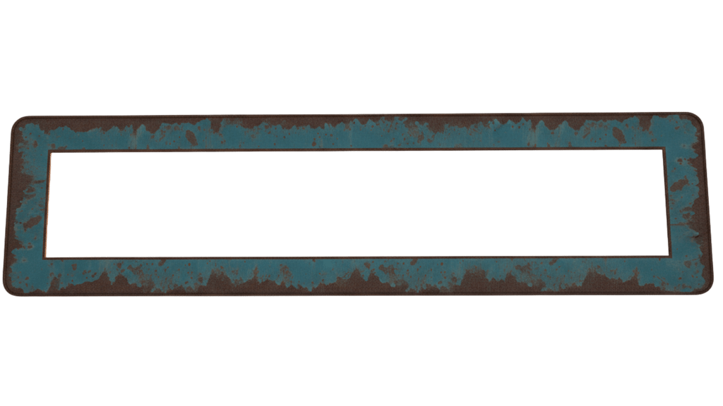 Rustic rectangular blue banner frame with weathered rusted metal edges on a black background.