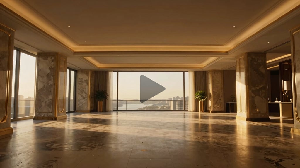 Cinematic high-resolution video frame of a luxury penthouse interior, subtle play icon overlay in center, warm golden lighting, architectural symmetry
