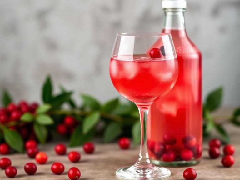 cranberry vodka spritz bottle in wine glass with fresh cranberries