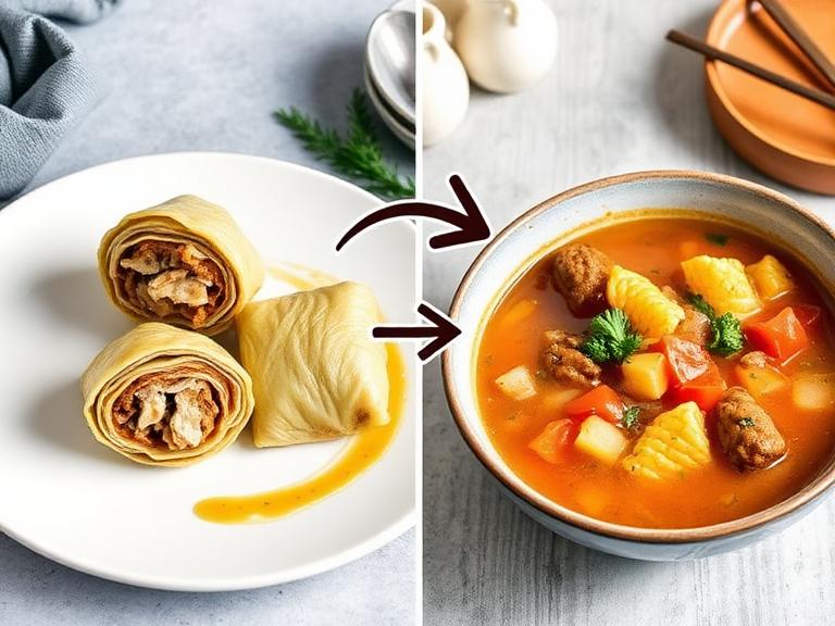 A split-screen image comparing traditional stuffed cabbage rolls to golumpki soup. The left side sho