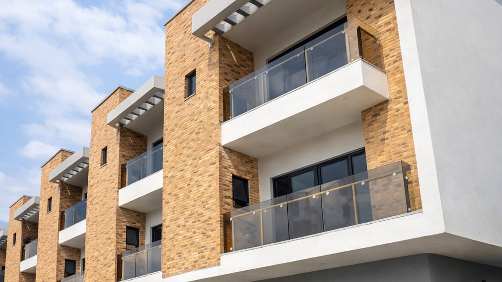 Modern multi-story townhouse complex with tan stone siding, glass balconies, and gray exterior walls.
