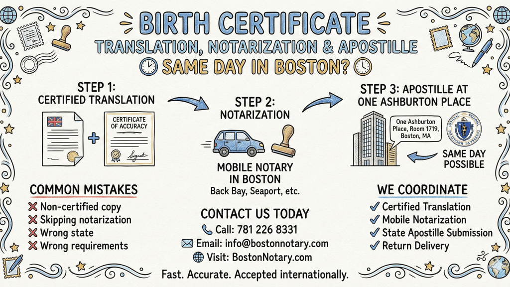 Certified translation of birth certificate prepared in Boston Massachusetts