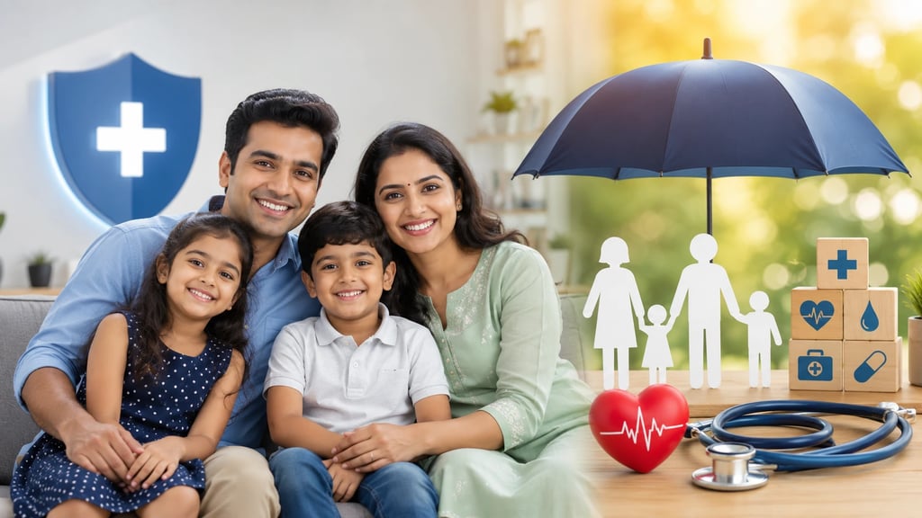 Happy Indian family with healthcare and insurance protection symbols