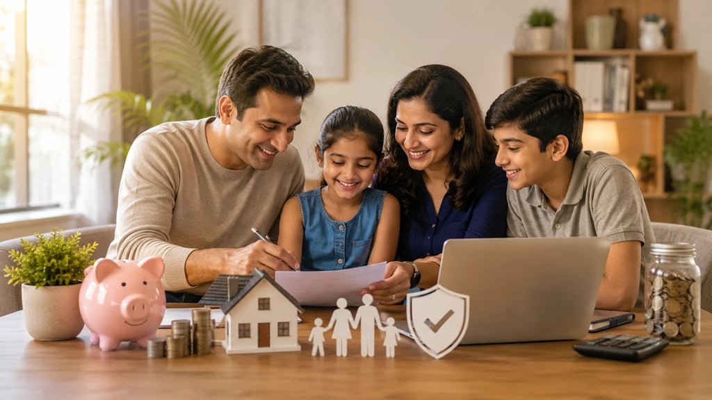 Indian family discussing savings, insurance, and financial planning at home