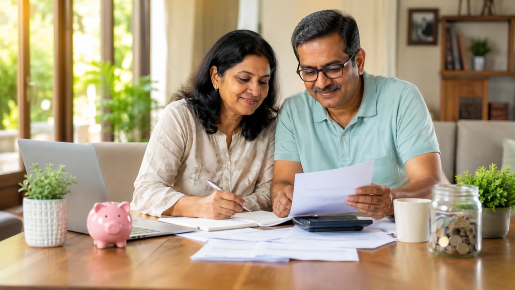 Middle-aged Indian couple reviewing finances and retirement plans at home