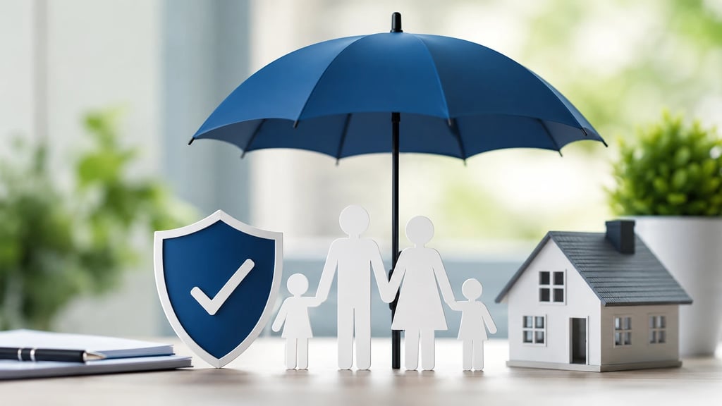 Family protection insurance concept with umbrella, shield, and house model representing insurance 
