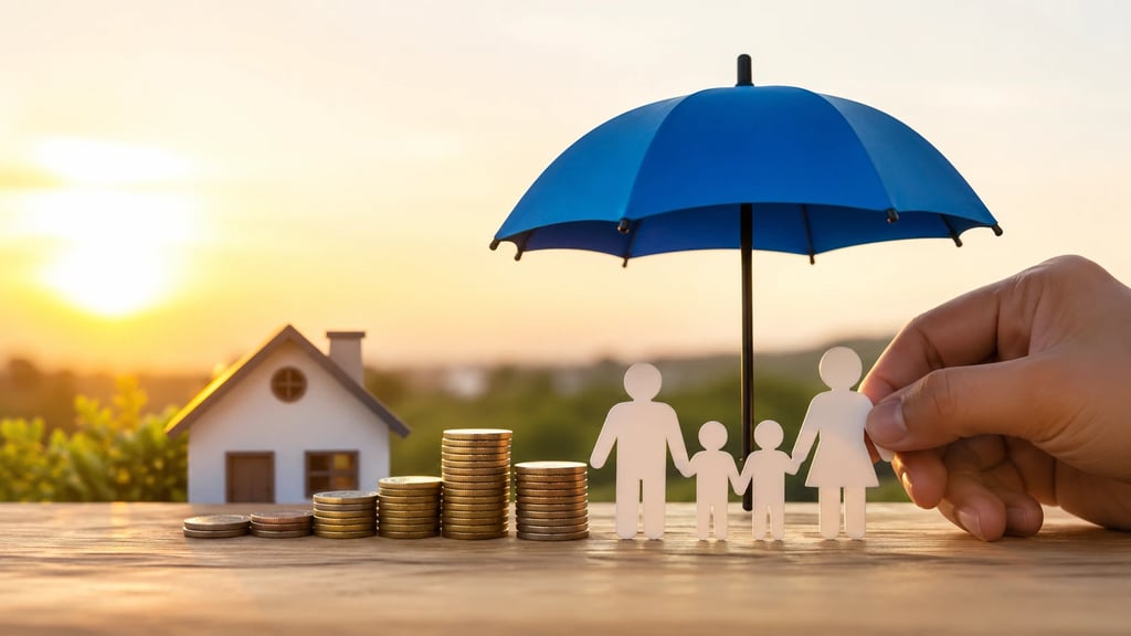 Family protected under an umbrella with savings, house model, and financial security concept.
