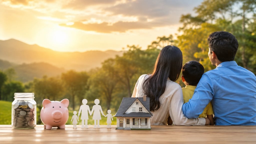 Indian family planning financial security with savings and life insurance at sunset.