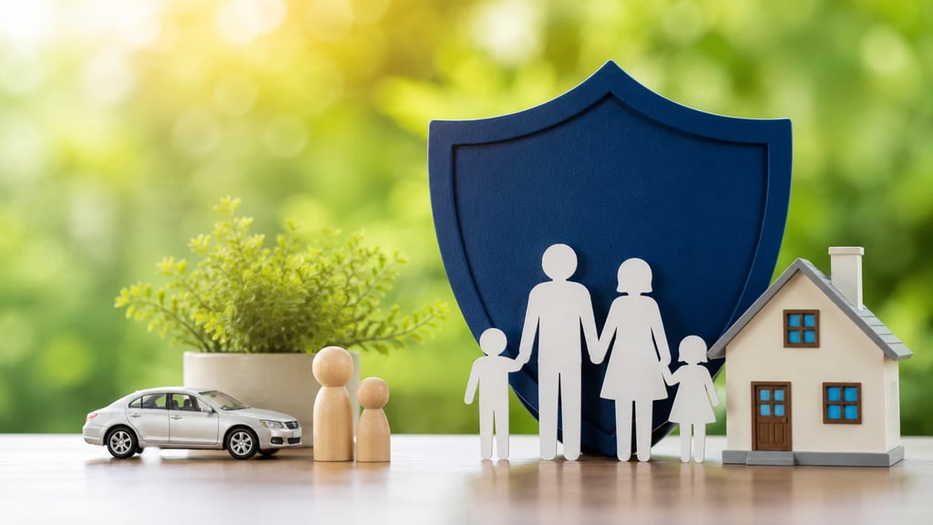 Family protection concept with insurance shield, house, and car