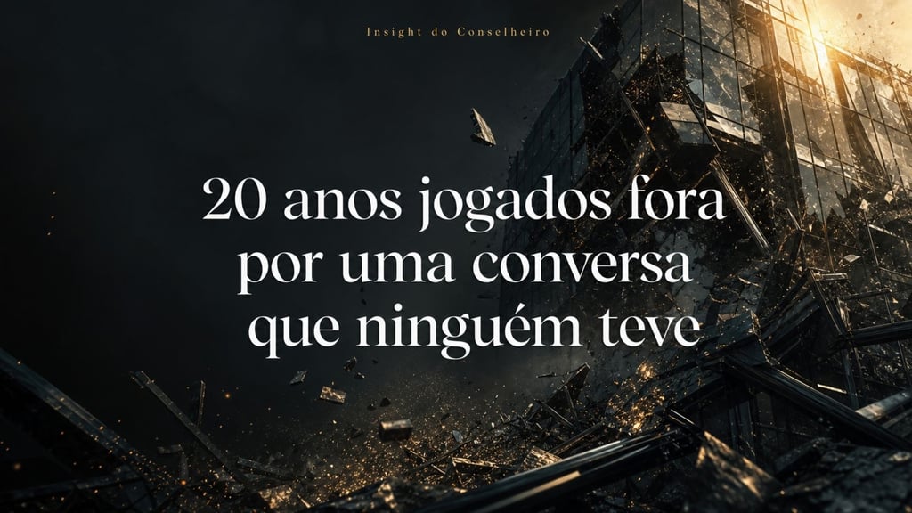 Dramatic image of a shattering building with the text 20 anos jogados fora por uma conversa que ninguém teve.