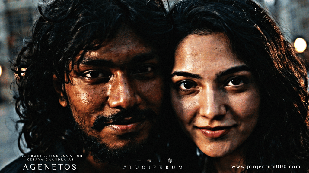 behind-the-scenes shot of actors Kesava Chandra, in heavy facial prosthetics as the character AGENETOS, and Vedheswari.