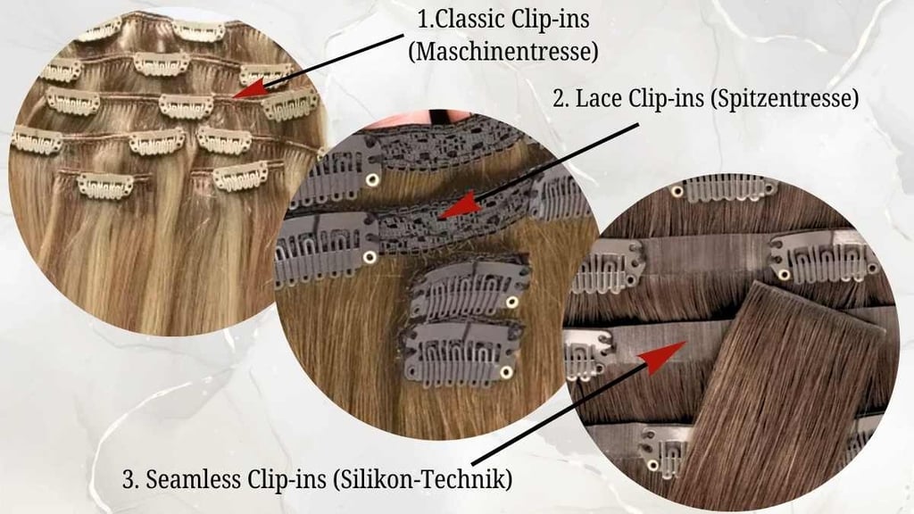 Comparison of classic, lace, and seamless silicone-based clip-in hair extension wefts.