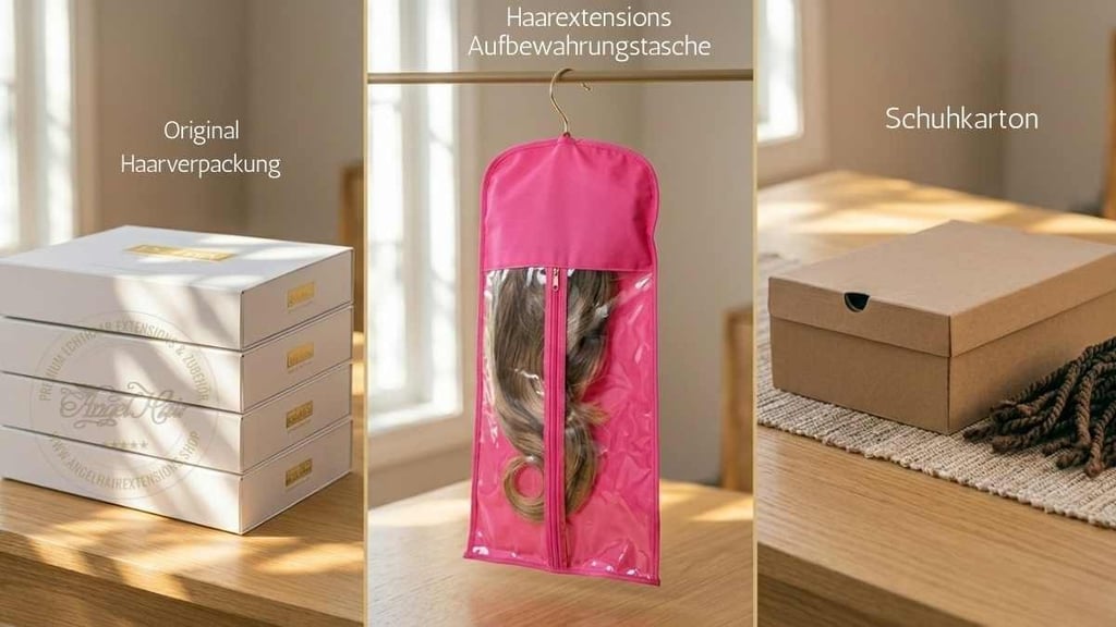 Comparison of hair extensions storage options featuring a pink carrier bag and original boxes.