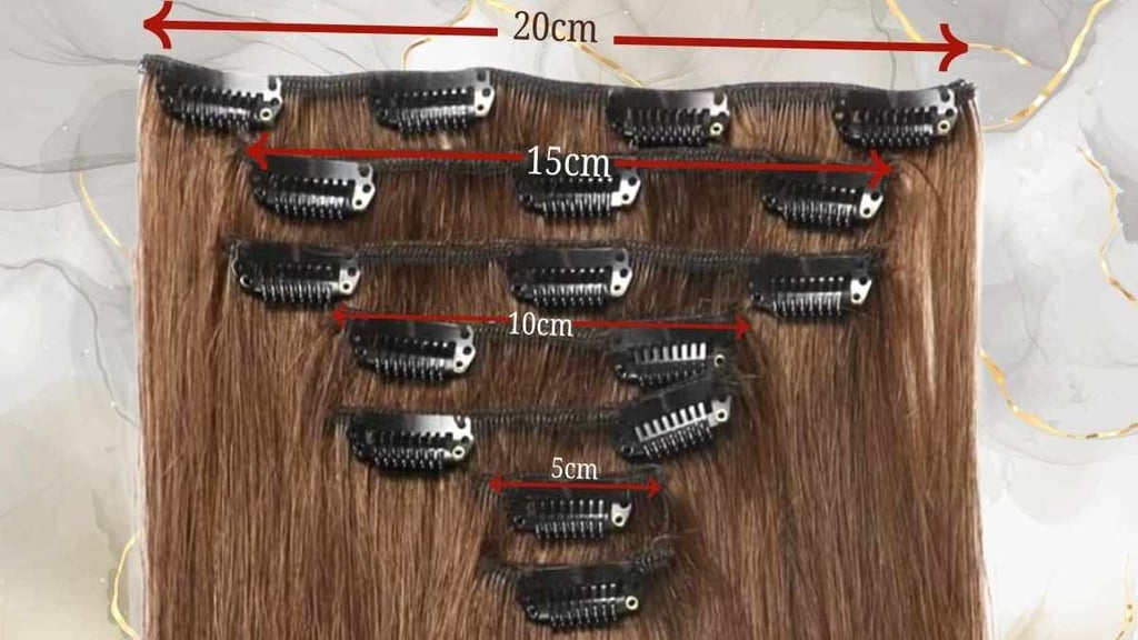 Set of brown clip-in hair extensions showing different weft widths from 5cm to 20cm.