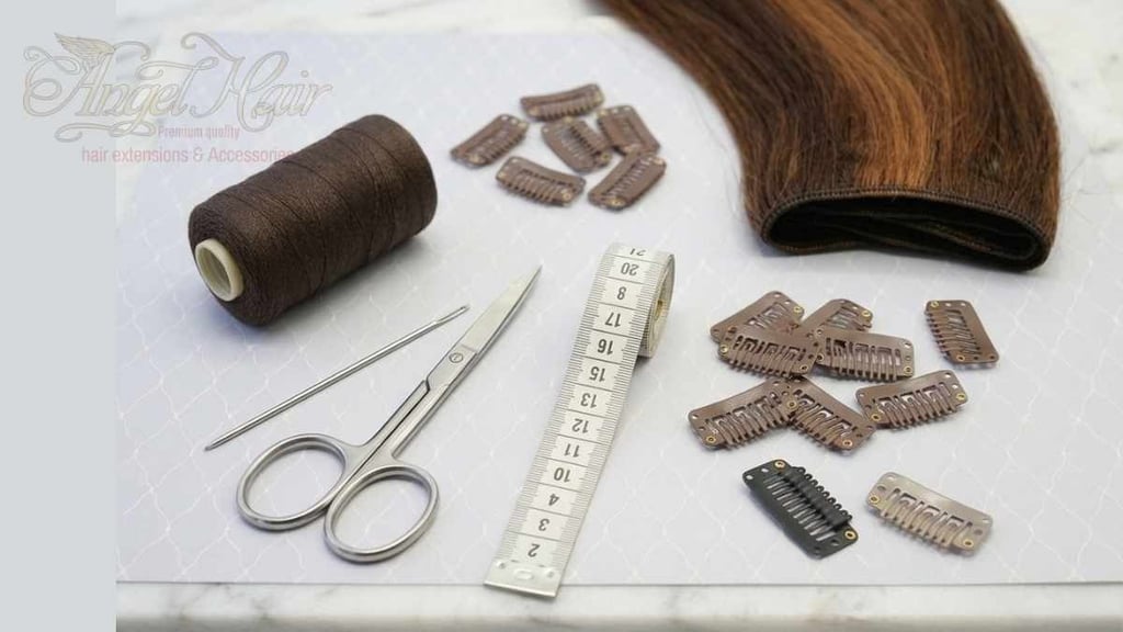 A brown hair extension kit with scissors, measuring tape, thread, and replacement clips on a table.