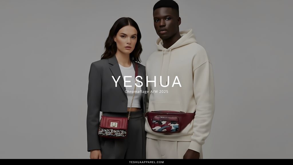 a man and woman standing next to each other, showcasing leather accessories
