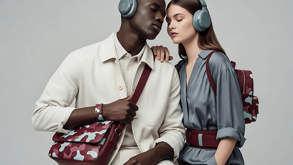 a man and woman standing next to each other showcasing stylish leather accessories