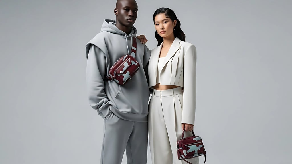 a man and woman standing next to each other showcasing stylish leather accessories