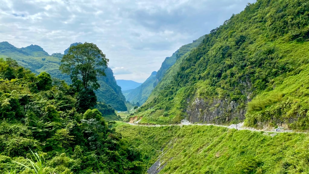 a mountain scene with a winding road and a winding road