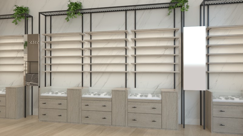 Diseño de interiores para ópticas, mueble expositor con estantes y vegetación decorativa.