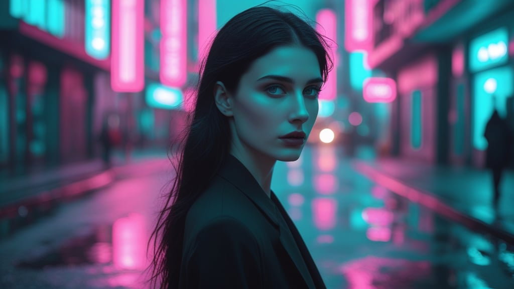 A woman with dark hair in a black blazer stands on a rainy city street with neon pink and blue lights.