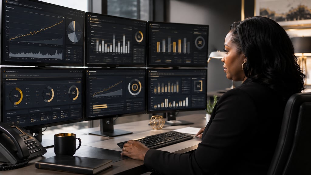 A business analyst reviews financial data and stock market trends on multiple computer monitors.