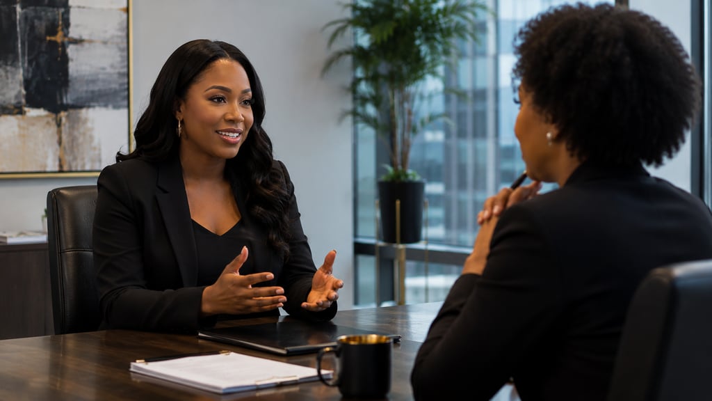 Professional Black woman in a business suit leading a corporate meeting in a modern office.