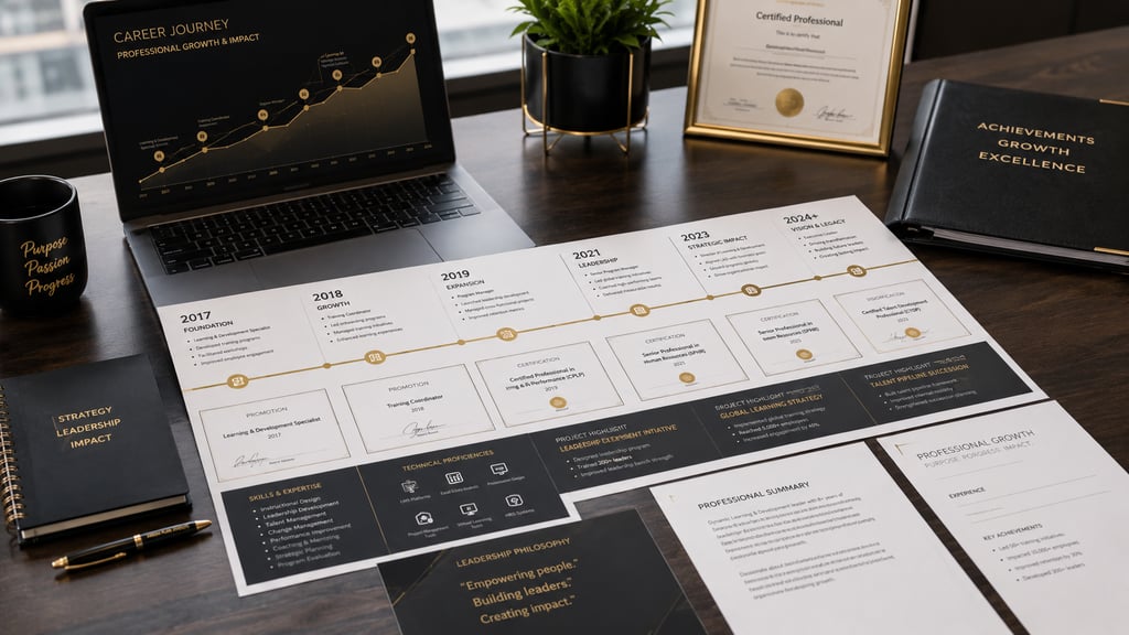 Professional career journey infographic showing growth from 2017 to 2024 with leadership skills and certificates.